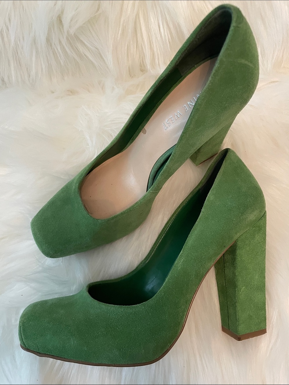 Nine West - Green Suede Block Heel Square Toe Pumps -Sz7